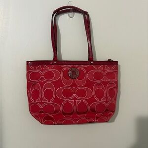 Authentic Red Coach Signature Outline C Lurex Shoulder Bag/Small Tote